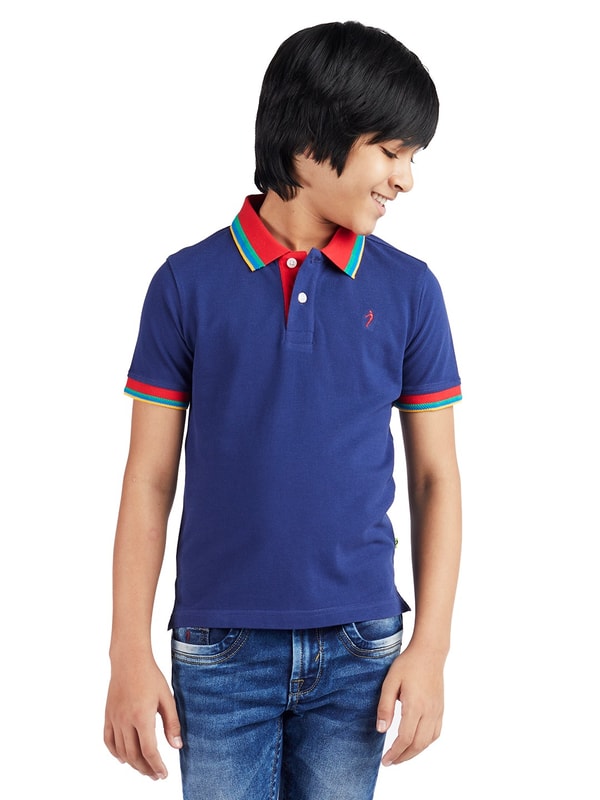 Boys Ink Blue Solid Polo T-shirt